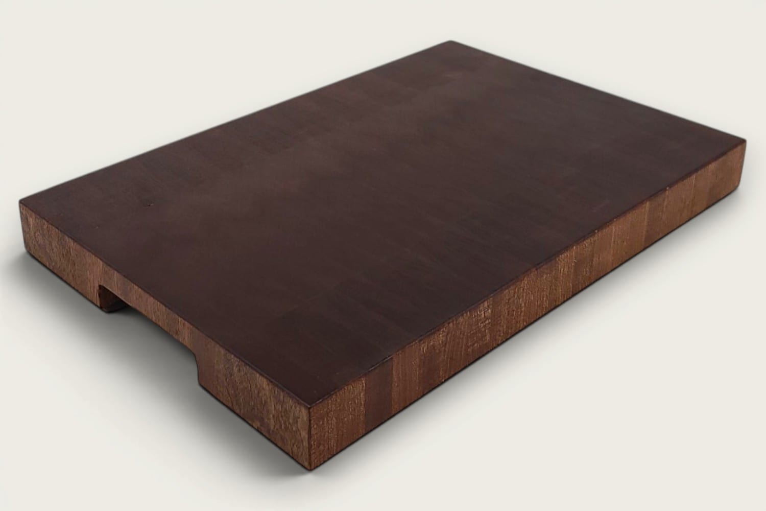 Mahogany End Grain Chopping Block Board, rectangular, vertical pattern, tung-oil finish, deep brown, bottom recessed handle.