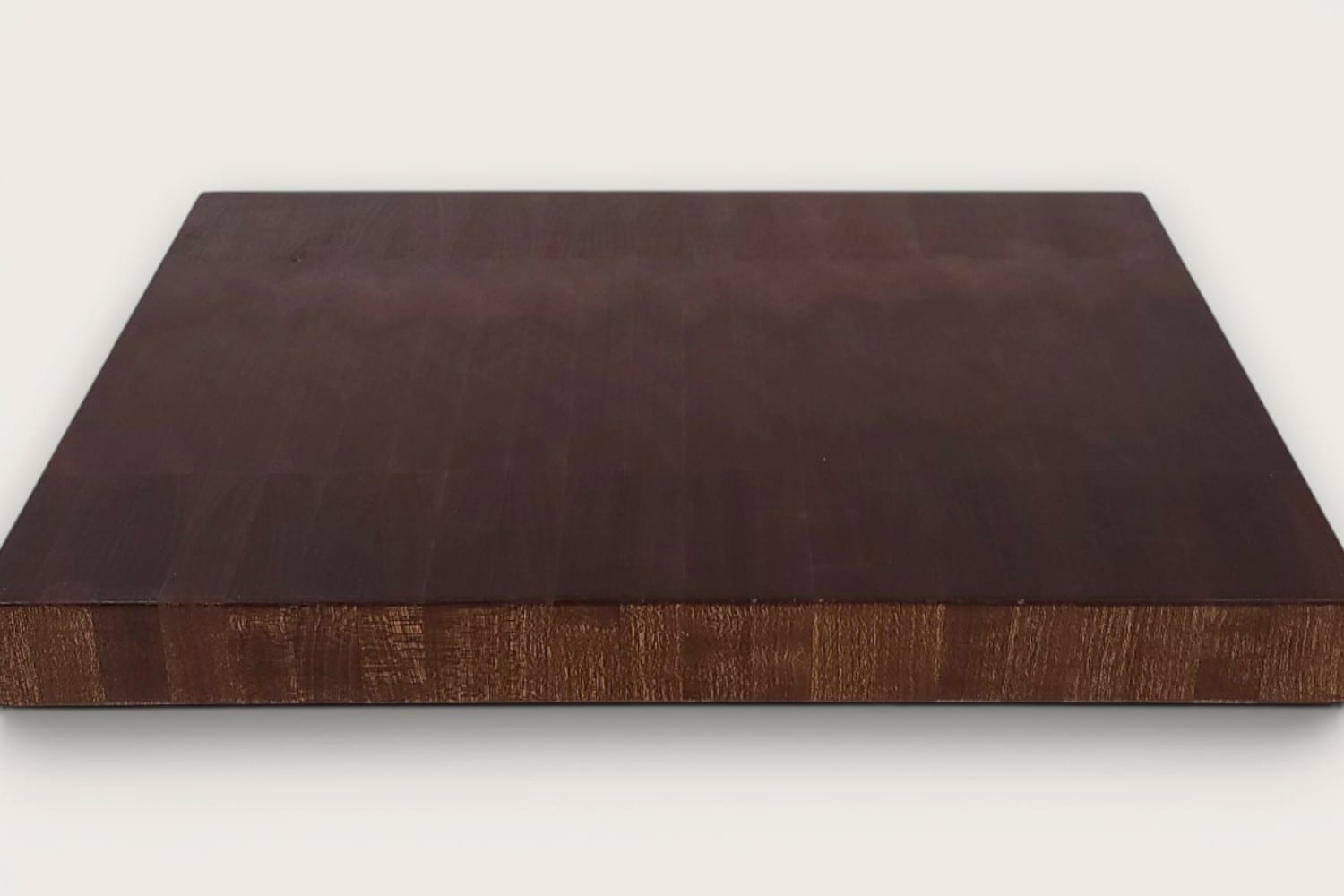 Mahogany End Grain Chopping Block Board, rectangular, vertical pattern, tung-oil finish, deep brown, bottom recessed handle.