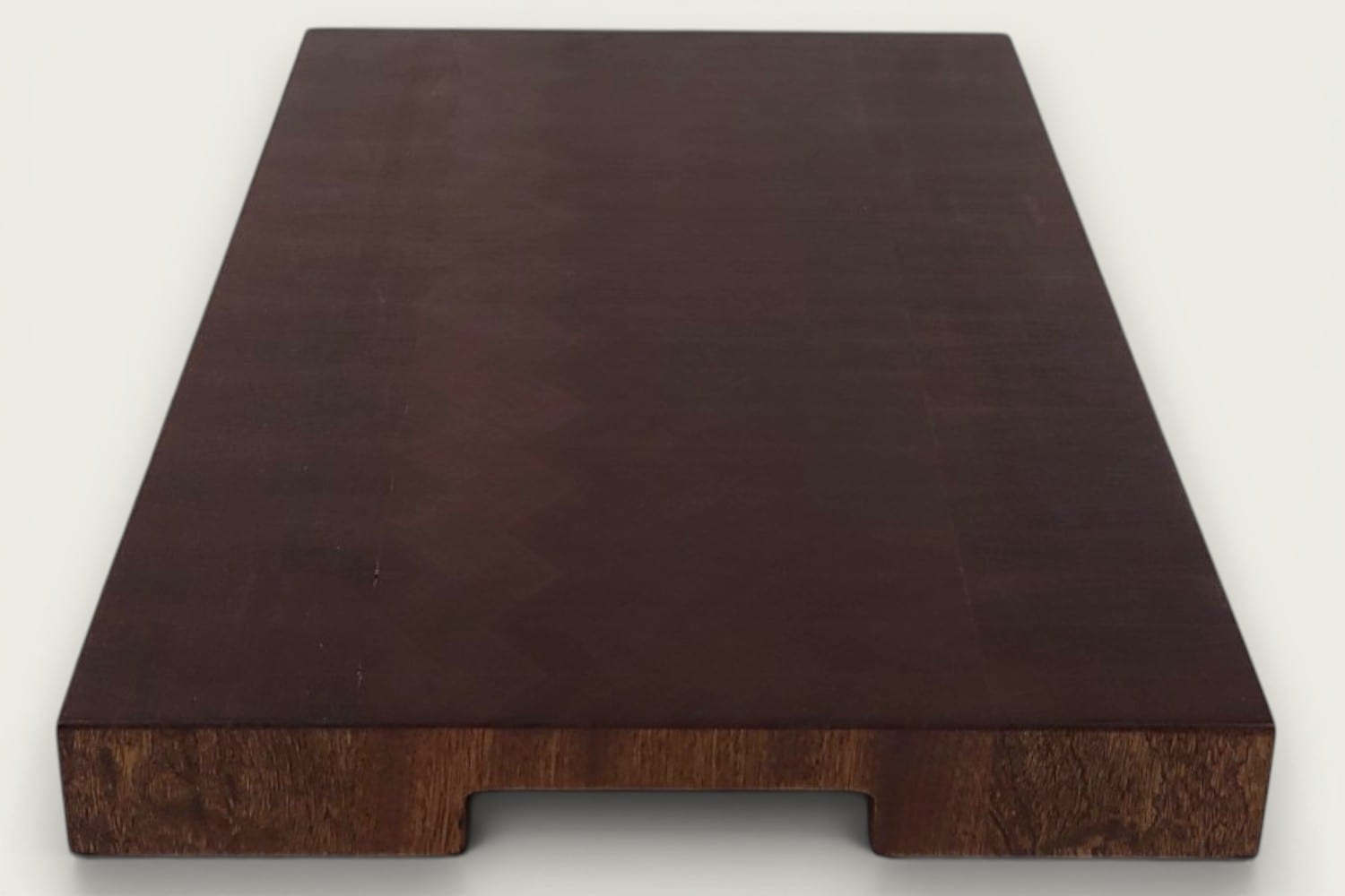Mahogany End Grain Chopping Block Board, rectangular, vertical pattern, tung-oil finish, deep brown, bottom recessed handle.