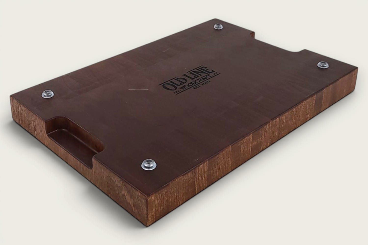 Mahogany End Grain Chopping Block Board, rectangular, vertical pattern, tung-oil finish, deep brown, bottom recessed handle.