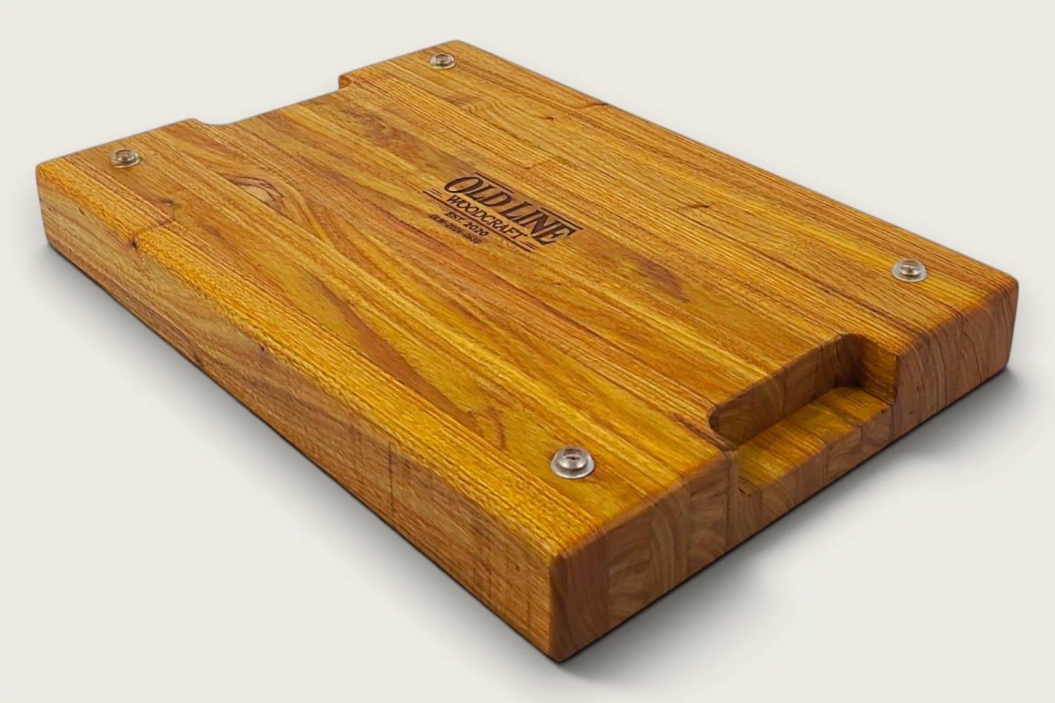 Canary Butcher Block Board in canarywood, edge-grain rectangle, tung-oil finish, warm gold tones, bottom recessed handle.