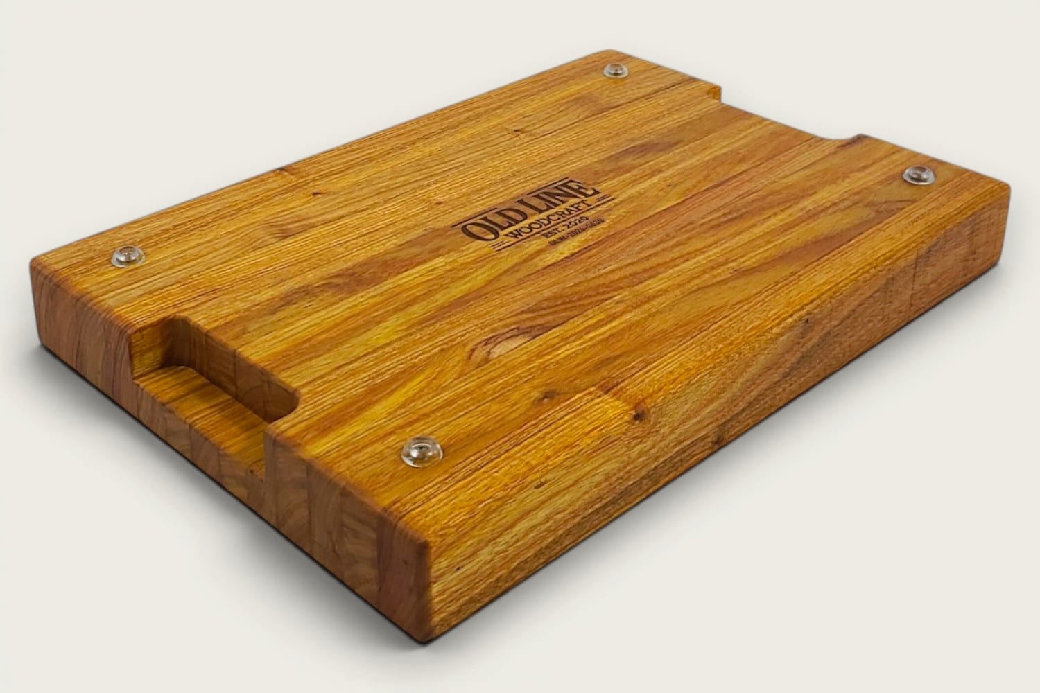 Canary Butcher Block Board in canarywood, edge-grain rectangle, tung-oil finish, warm gold tones, bottom recessed handle.