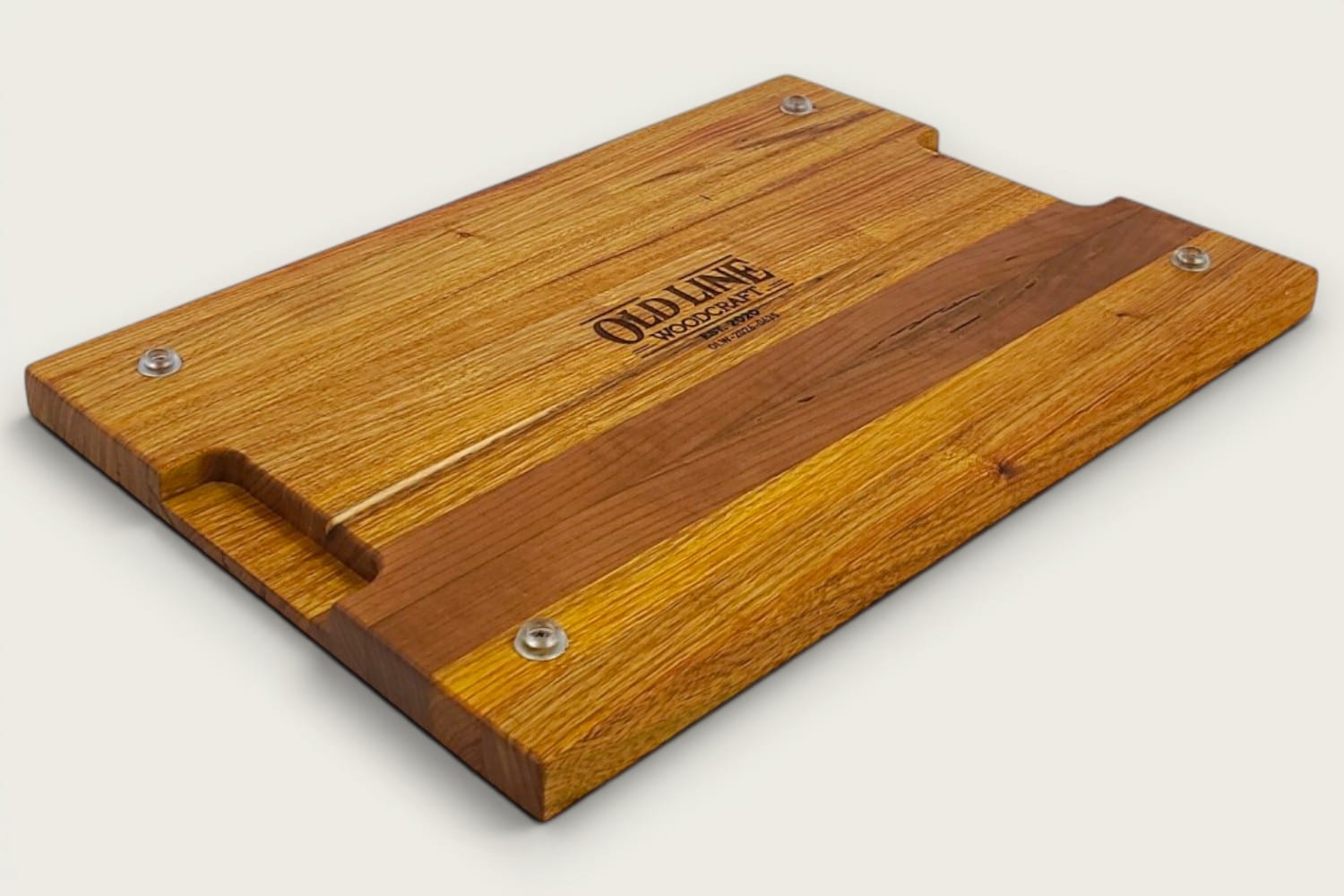 Canary and Cherry Pro Series Board, edge-grain rectangle in tung oil, warm golden-brown tones, juice groove.
