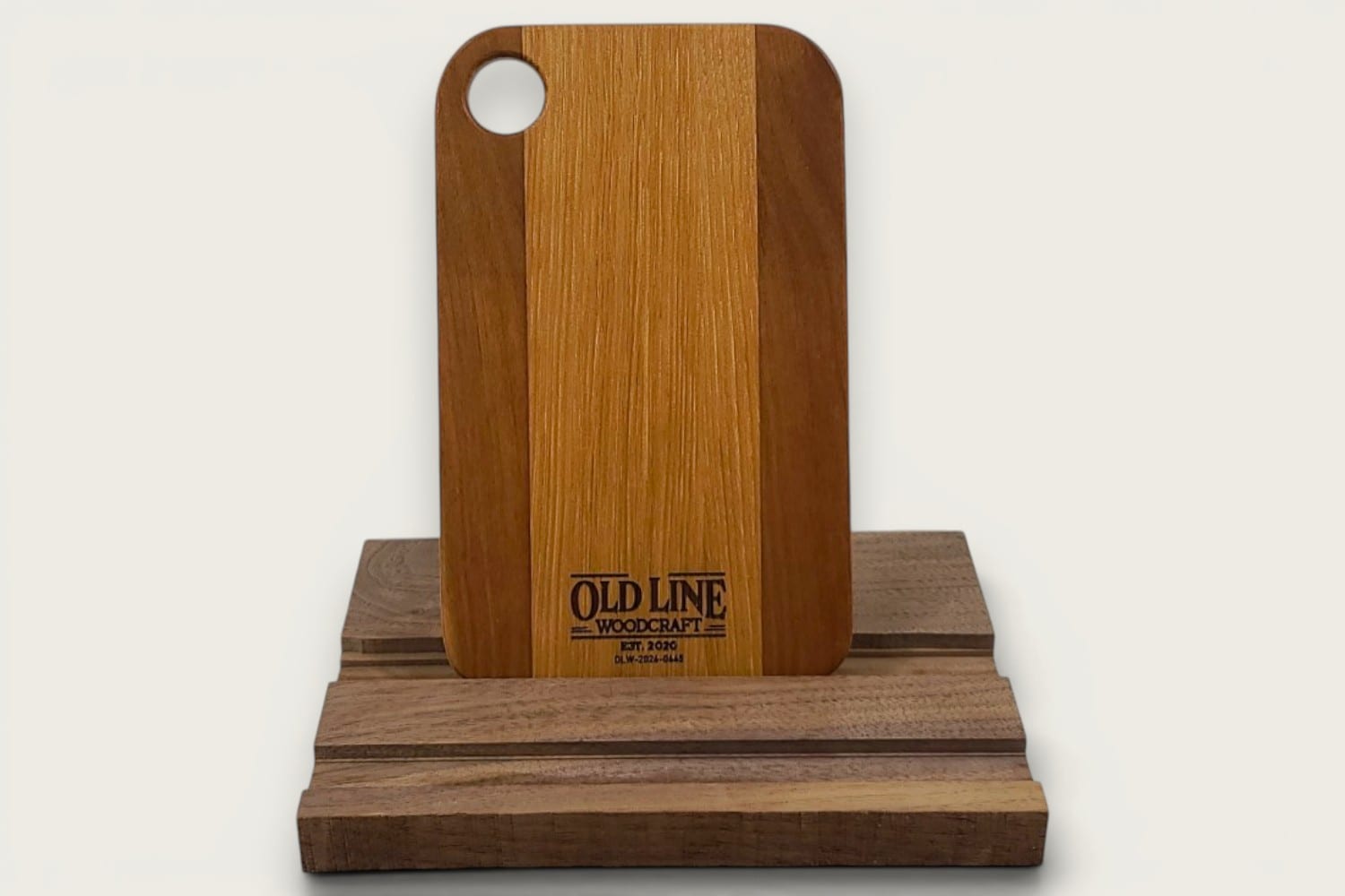 Hickory and Cherry Prep Board, edge-grain rectangle with tung-oil finish and cutout handle.