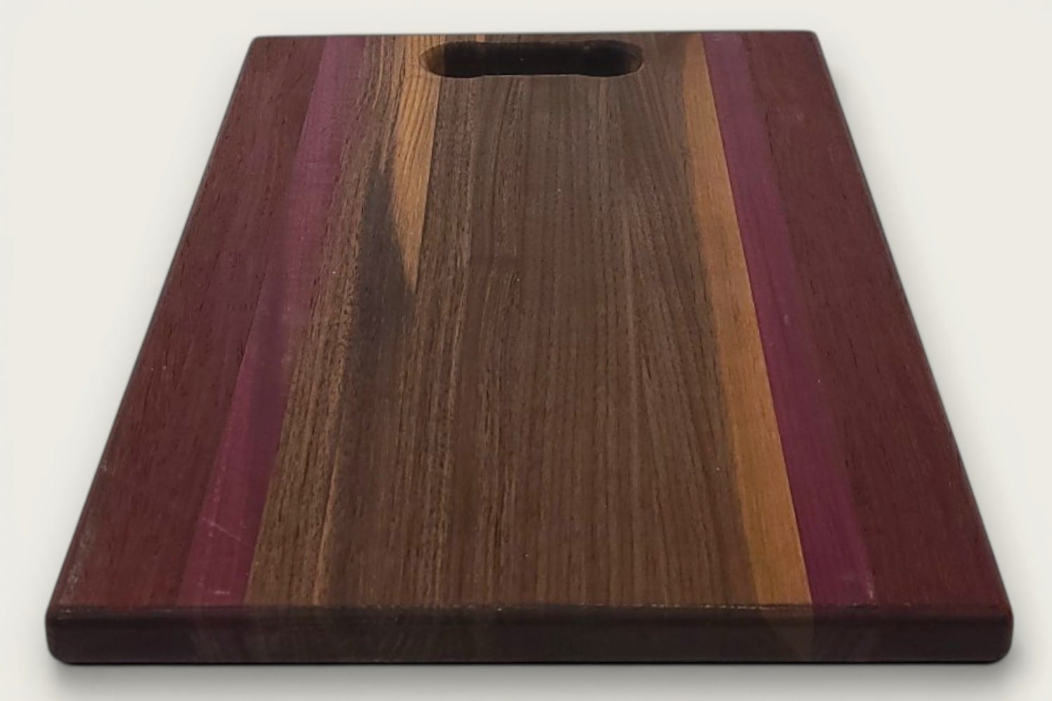 Walnut Padauk Purpleheart Pro Series Board, edge-grain rectangle with tung oil, bone handle slot.