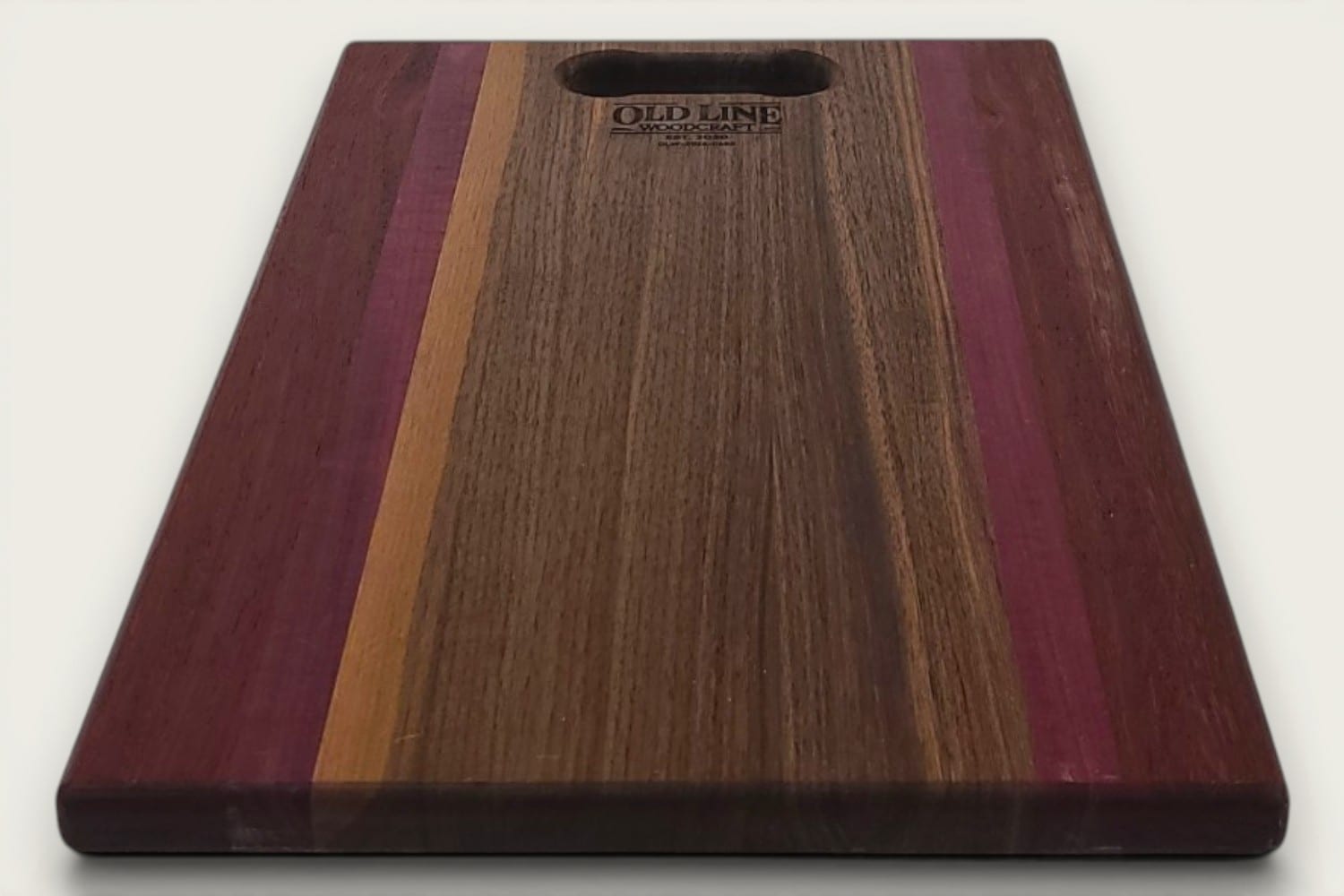 Walnut Padauk Purpleheart Pro Series Board, edge-grain rectangle with tung oil, bone handle slot.