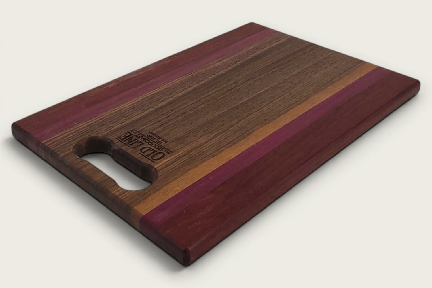 Walnut Padauk Purpleheart Pro Series Board, edge-grain rectangle with tung-oil finish and bone handle