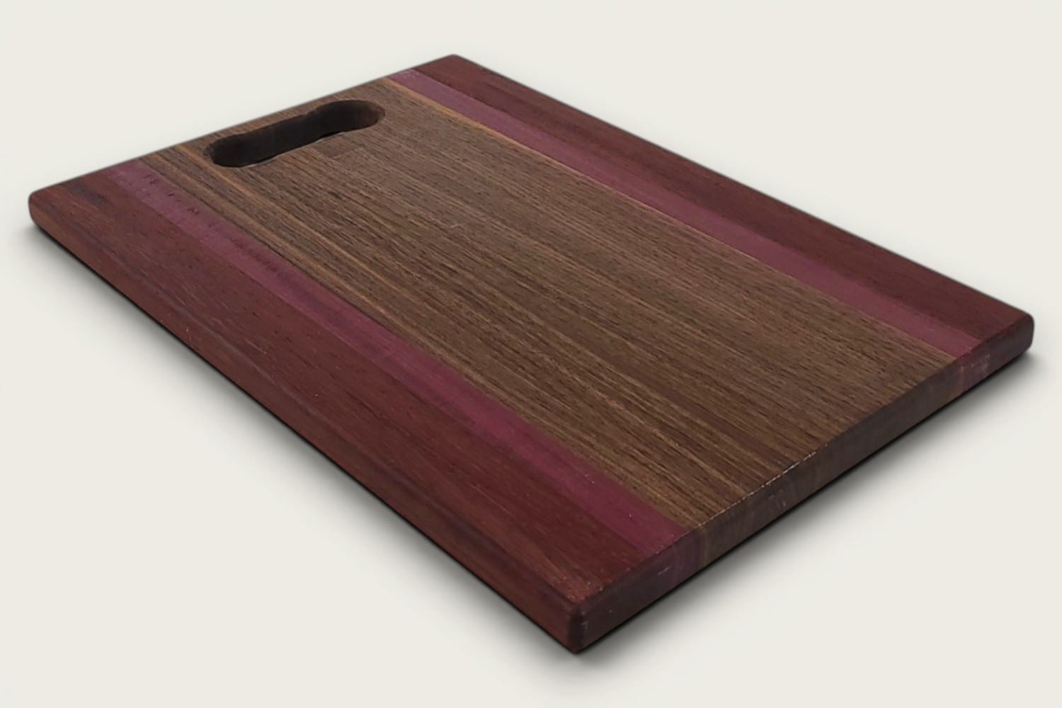 Walnut Padauk Purpleheart Pro Series Board, rectangular edge-grain cutting board with tung oil, bone handle, warm brown and purple tones