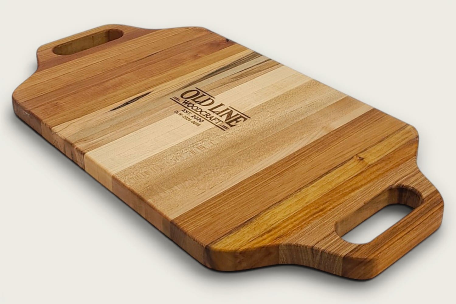 Maple Heritage Charcuterie Board, edge-grain with vertical pattern, tung-oil finish, cutout handle, warm tones with canarywood and cherry accents