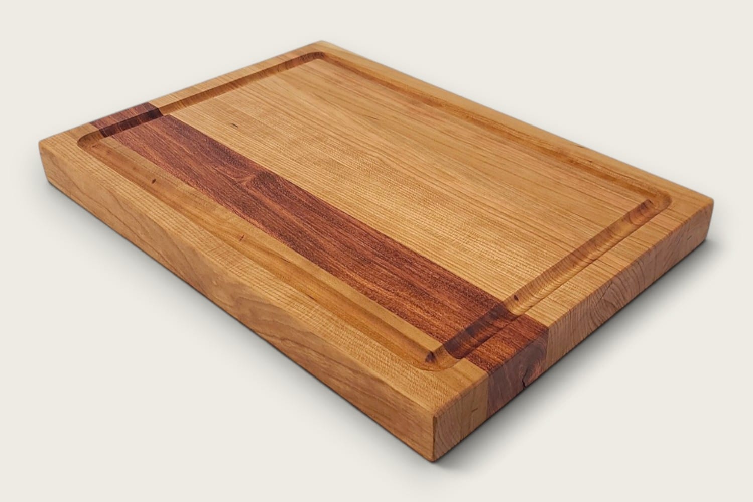 Rosewood & Cherry Butcher Block, edge-grain cherry board with rosewood stripe, rectangular, tung-oiled.