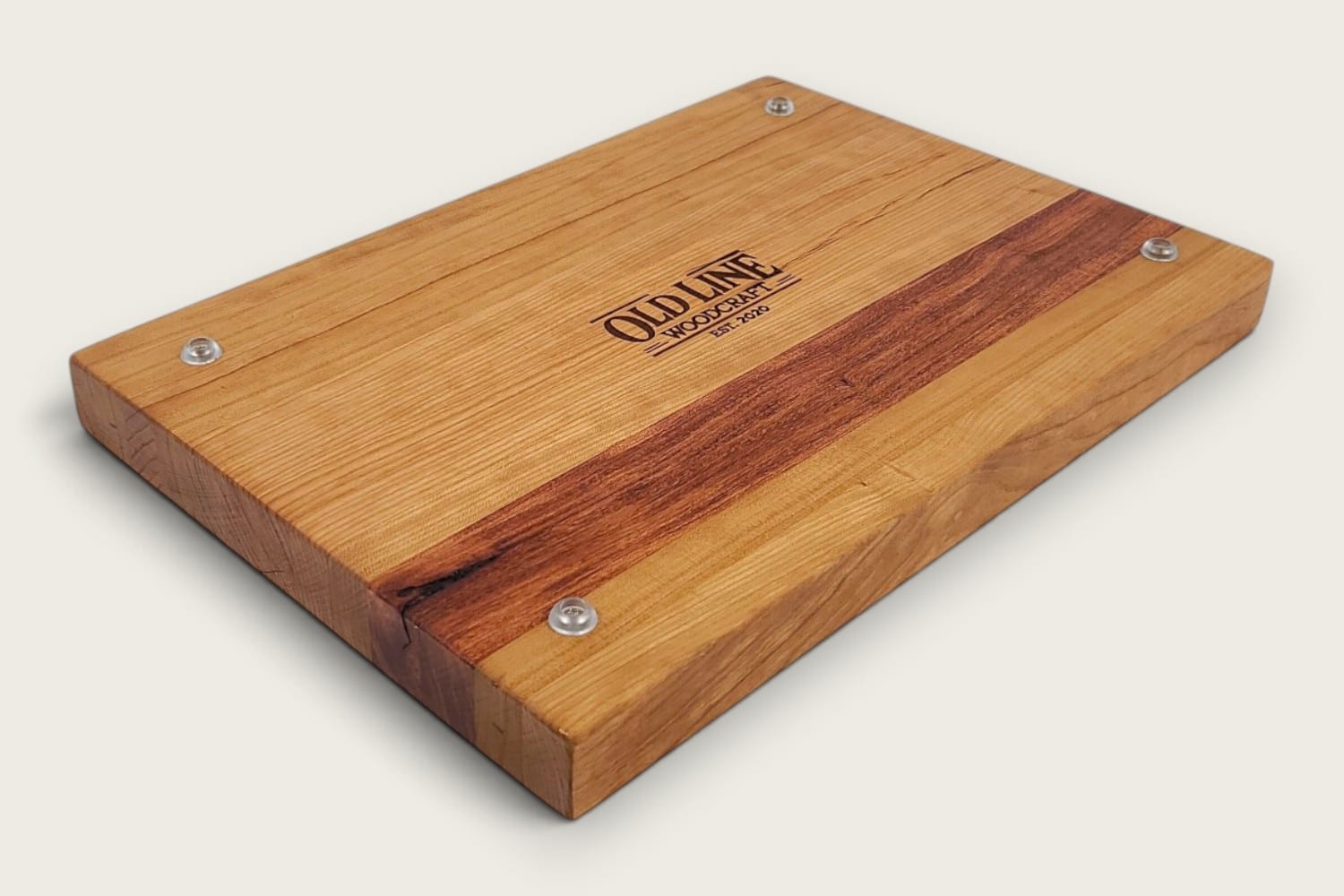 Rosewood & Cherry Butcher Block, cherry edge-grain rectangle with tung oil, warm tones, rubber feet.