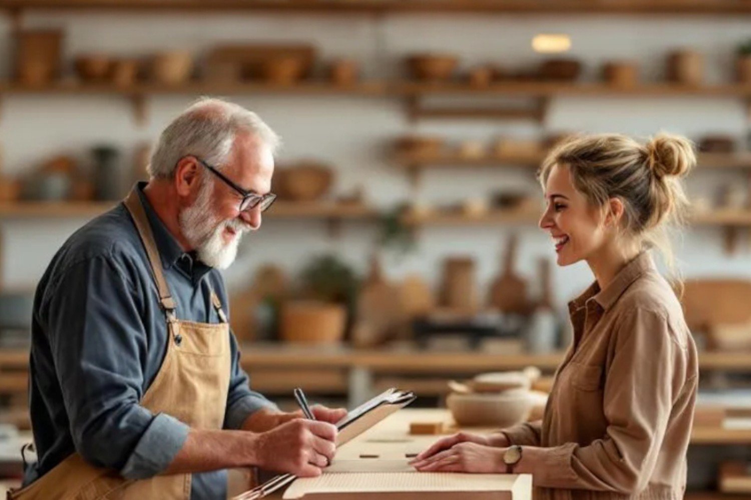 Craftsman discussing custom order with customer