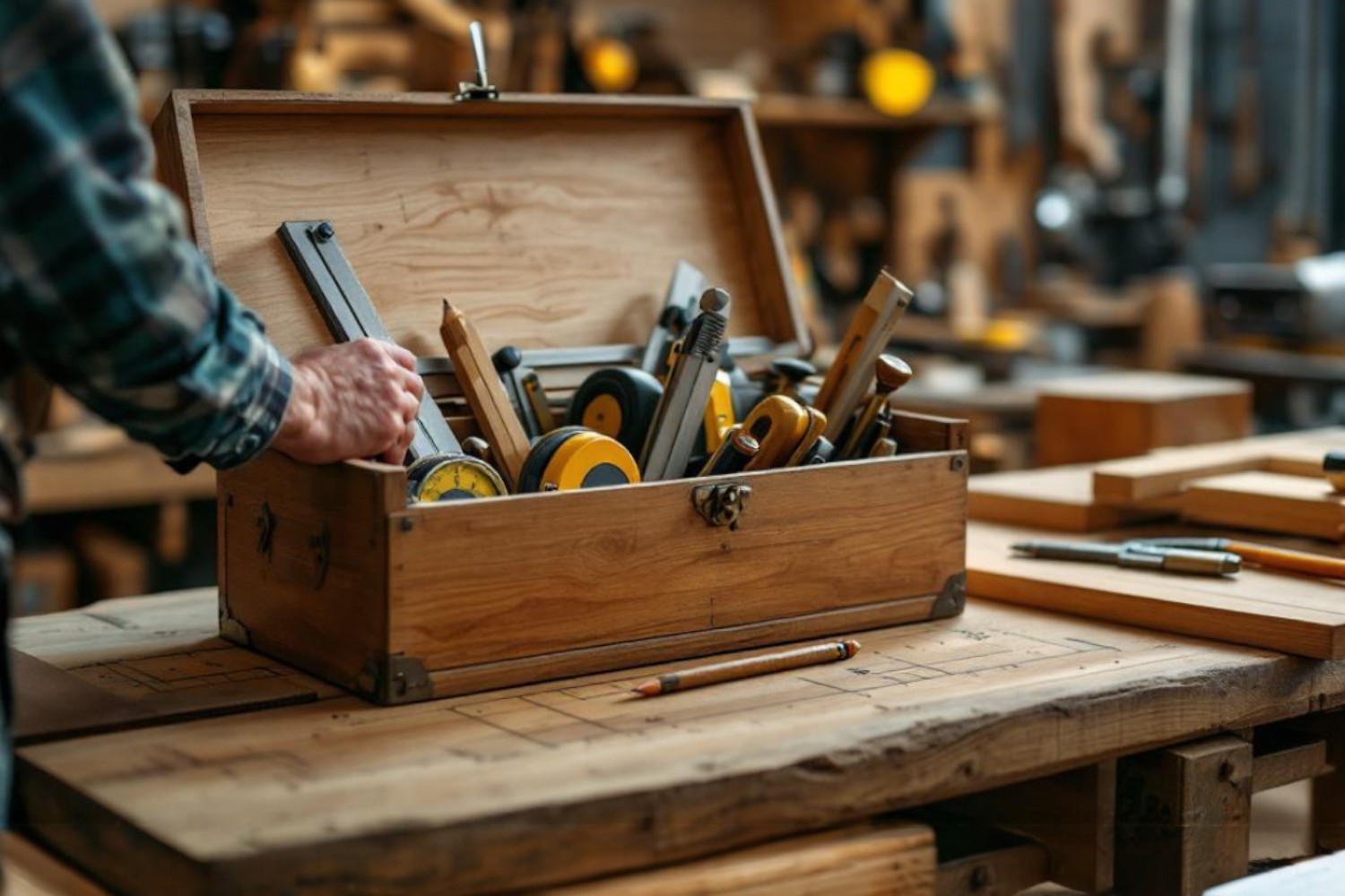 Wooden toolbox filled with measuring tools in a workshop